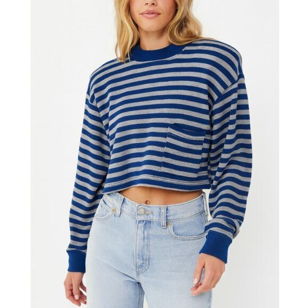 Vintage JCP fragile Crewneck Striped Pocket Crop‎ Long Sleeve Tee SIze L